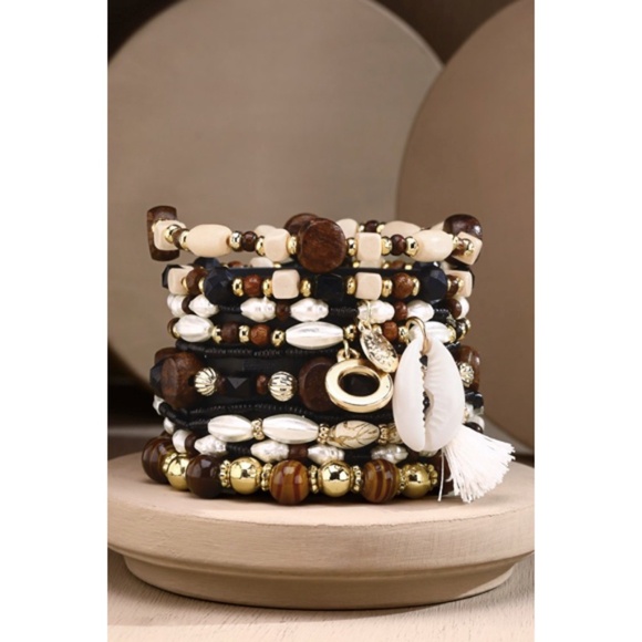Brown 10 Layered Bohemian Stack Stretch Bracelet Set w/ Charms Cowrie Tassel - Picture 3 of 4